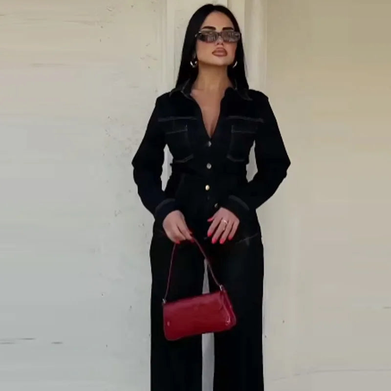 Kvinders To-delt Sæt Denim Langærmet Skjorte og Højtaljede Flared Bukser 4