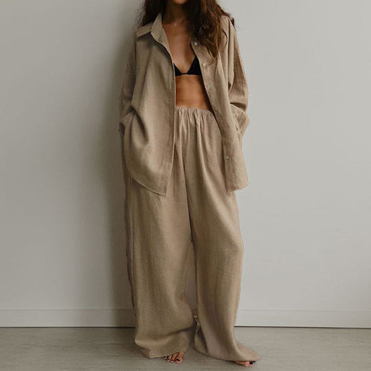 Kvinders To-delt Sæt – Linned Blend – Oversized Pasform – Knap-ned Skjorte & Bredbenede Bukser 1