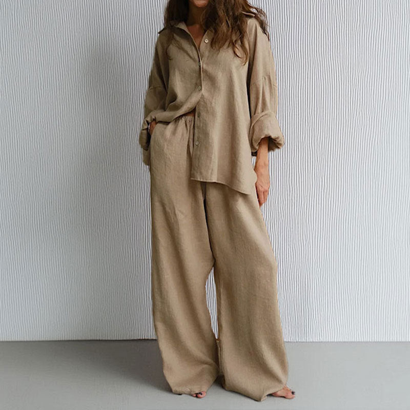Kvinders To-delt Sæt – Linned Blend – Oversized Pasform – Knap-ned Skjorte & Bredbenede Bukser 2