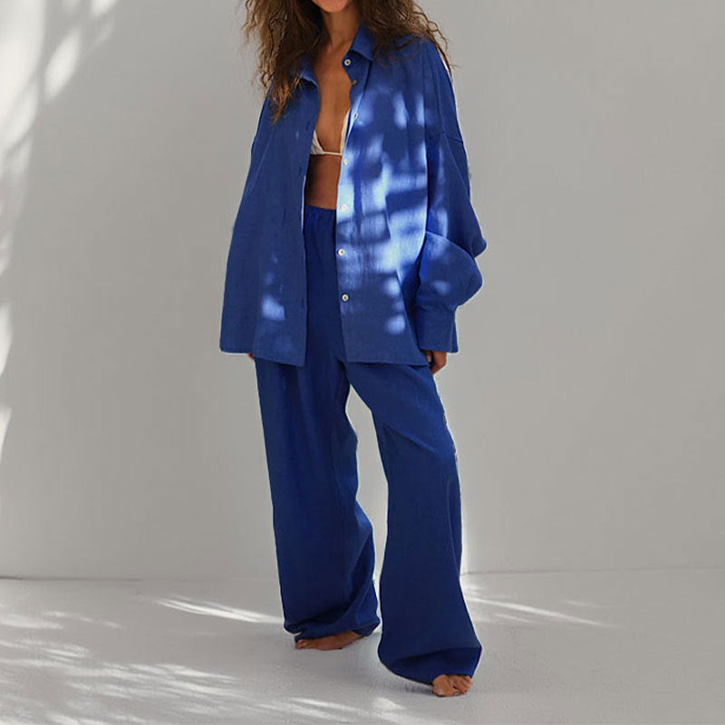 Kvinders To-delt Sæt – Linned Blend – Oversized Pasform – Knap-ned Skjorte & Bredbenede Bukser 3