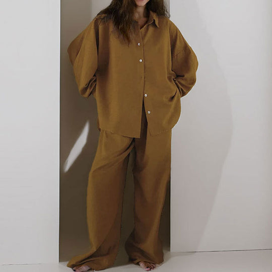 Kvinders To-delt Sæt – Linned Blend – Oversized Pasform – Knap-ned Skjorte & Bredbenede Bukser 4