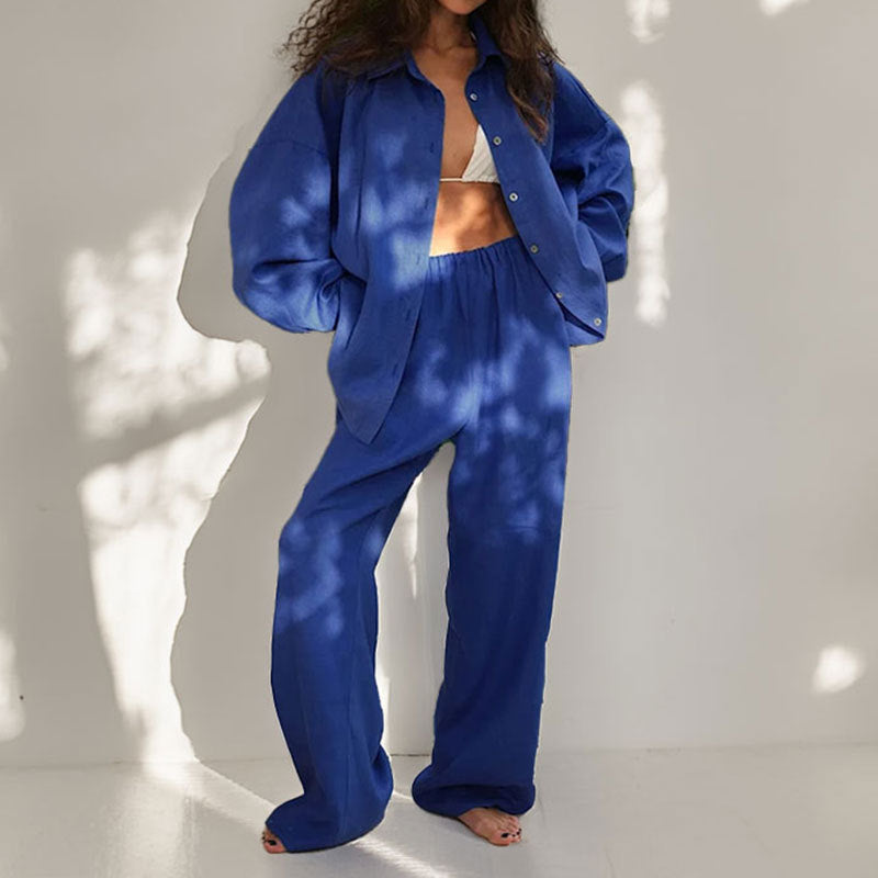 Kvinders To-delt Sæt – Linned Blend – Oversized Pasform – Knap-ned Skjorte & Bredbenede Bukser 5