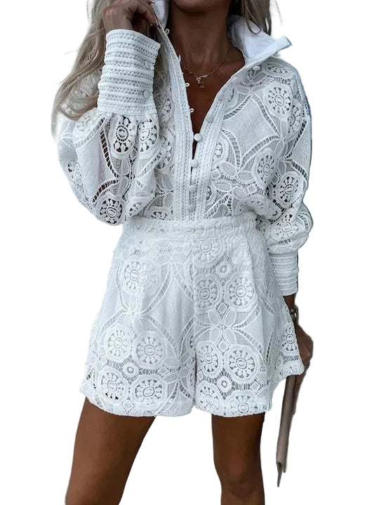 Kvinders Todelte Outfit med Blonder Sommerlig Stil 0