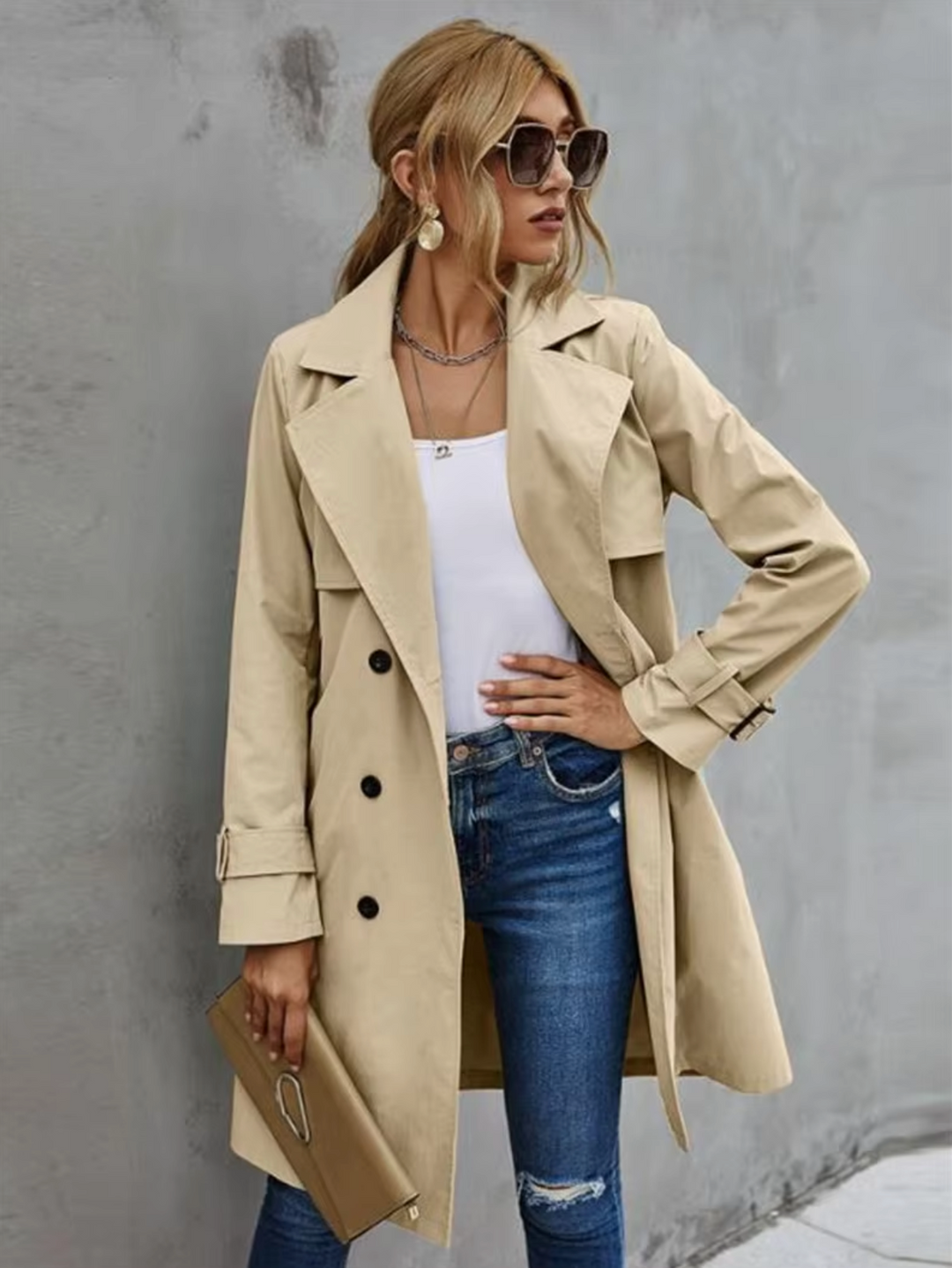 Kvinders Trench Coat Dobbeltknap Design Tidløs Stil 1