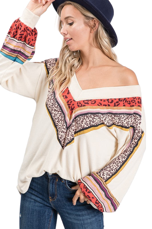 Kvinders V-Hals Top med Biskop Ærmer i Creme 0