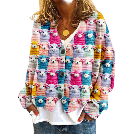 Kvinders Vintage Sweater med Fåremønster og V-hals 0