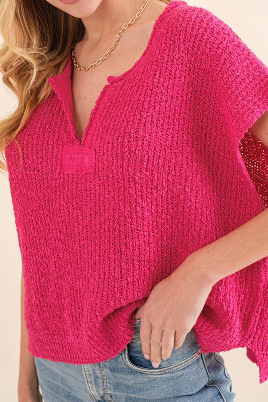 Kvinders ærmeløs sweater i fuchsia med patch 1