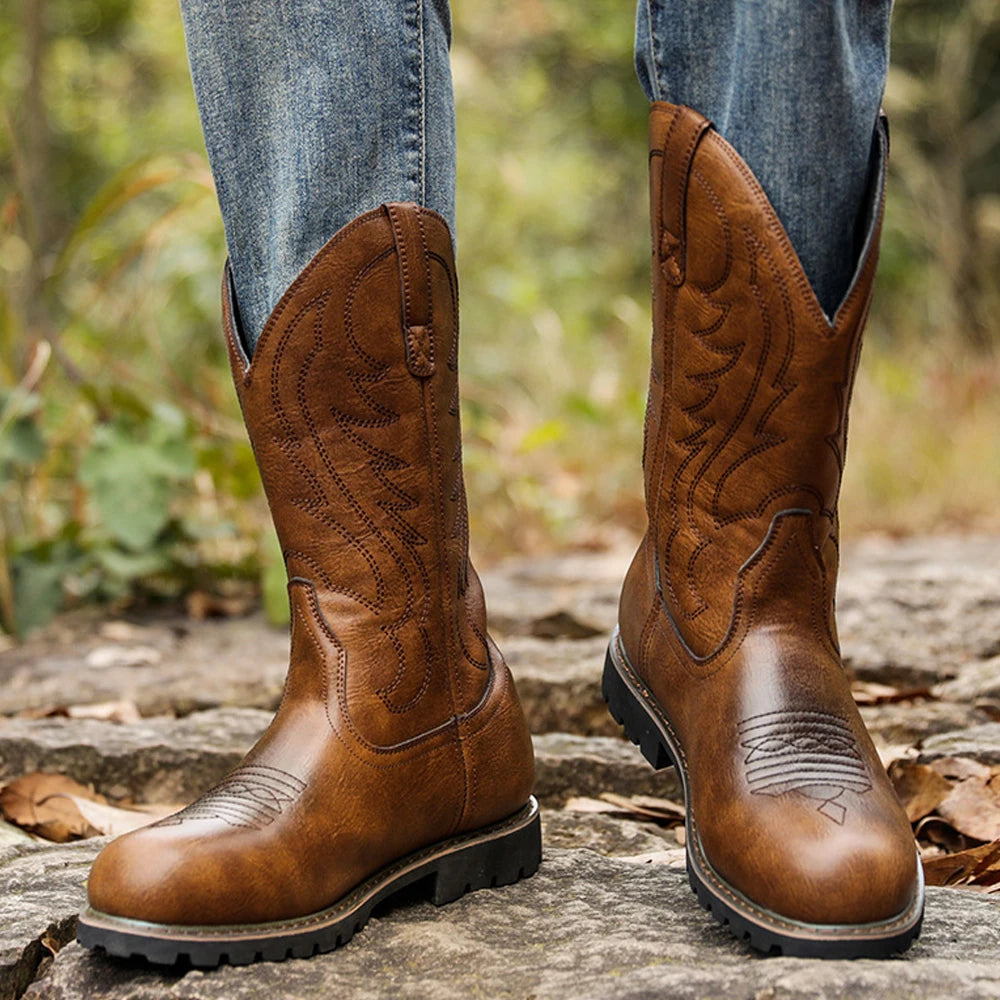 Mænds Cowboy Støvler Læder Western Stil Letvægts Anti-Slip 5