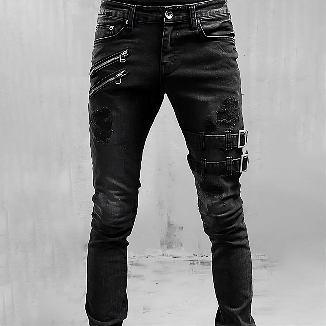 Mænds Denimjeans med Spænder og Lynlåse 1