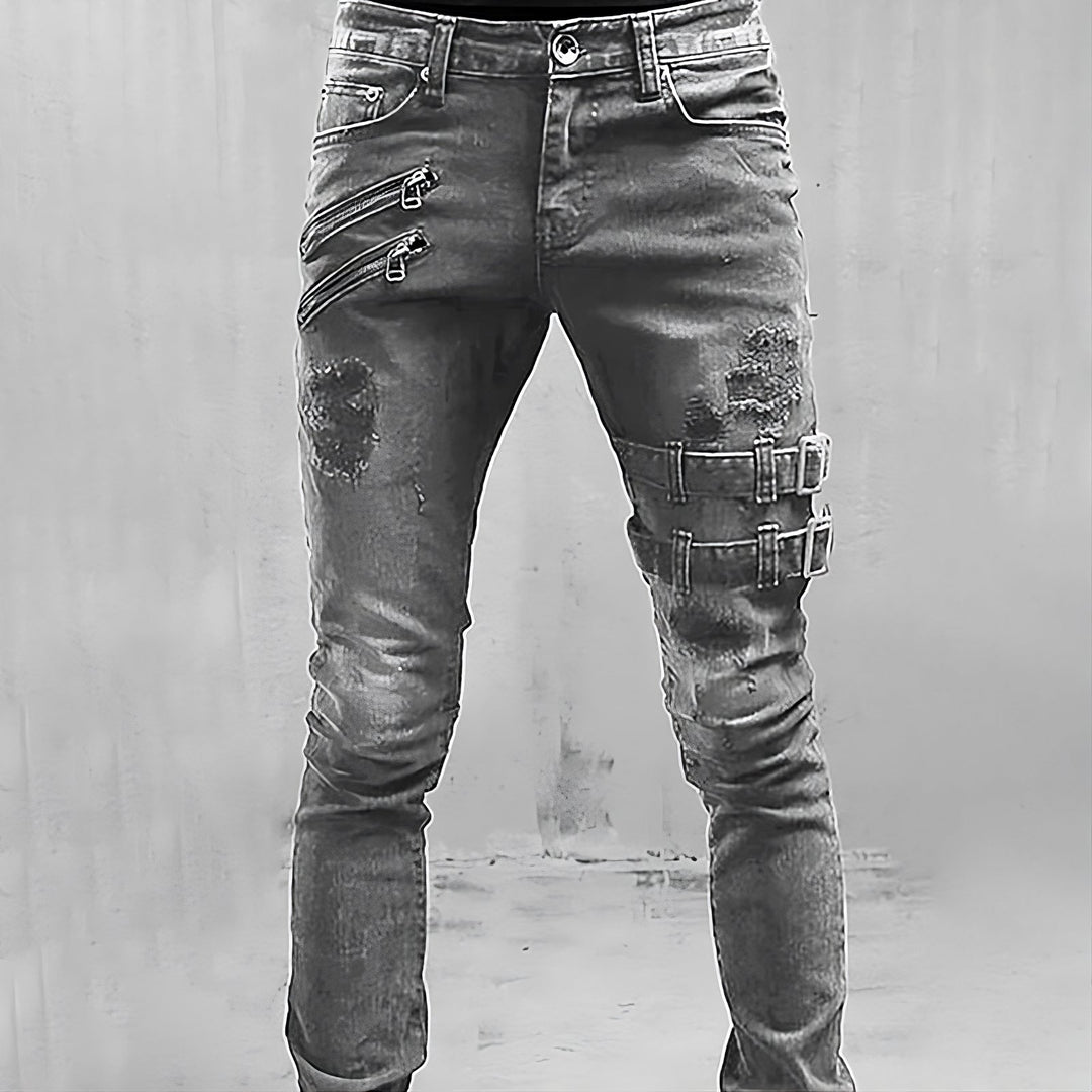Mænds Denimjeans med Spænder og Lynlåse 2