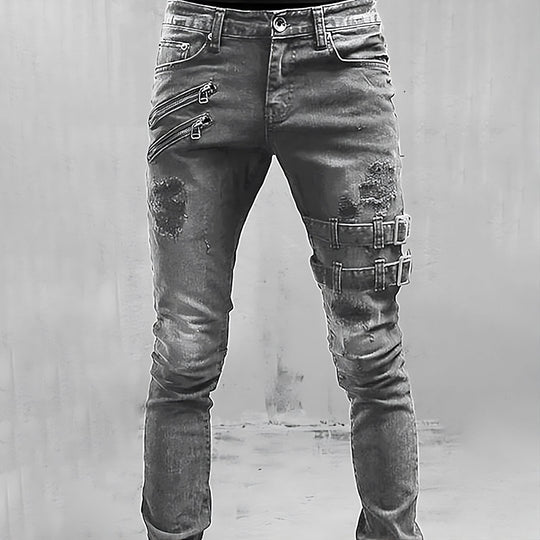 Mænds Denimjeans med Spænder og Lynlåse 2