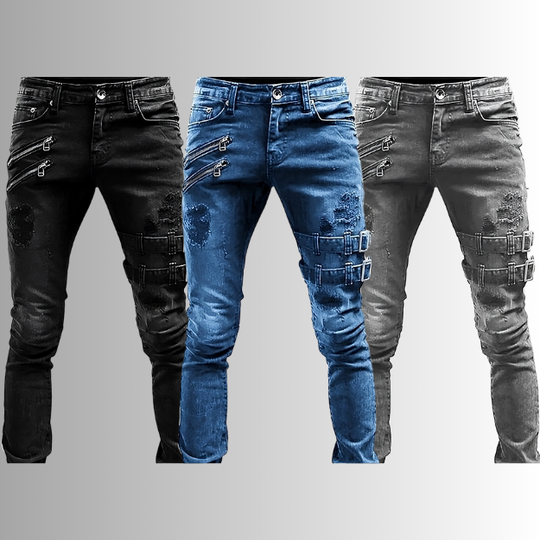Mænds Denimjeans med Spænder og Lynlåse 3