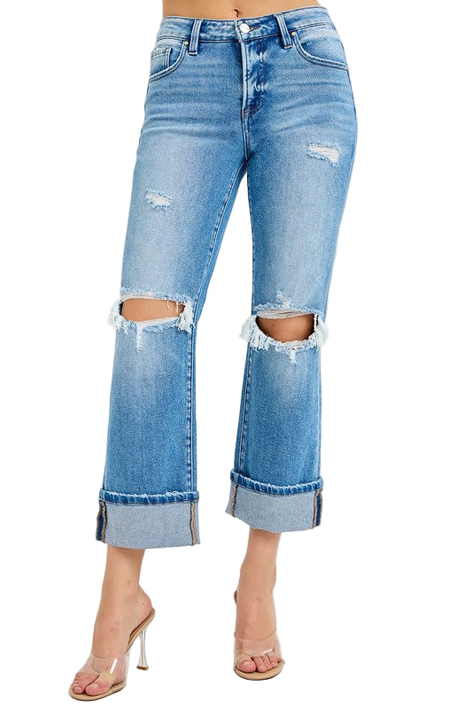 Mænds Straight Cuffed Jeans Mid Rise Denim 0