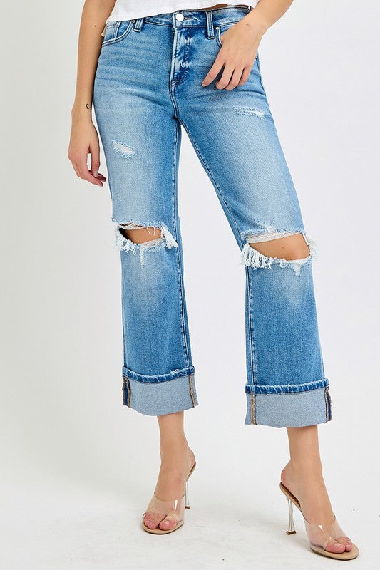 Mænds Straight Cuffed Jeans Mid Rise Denim 2