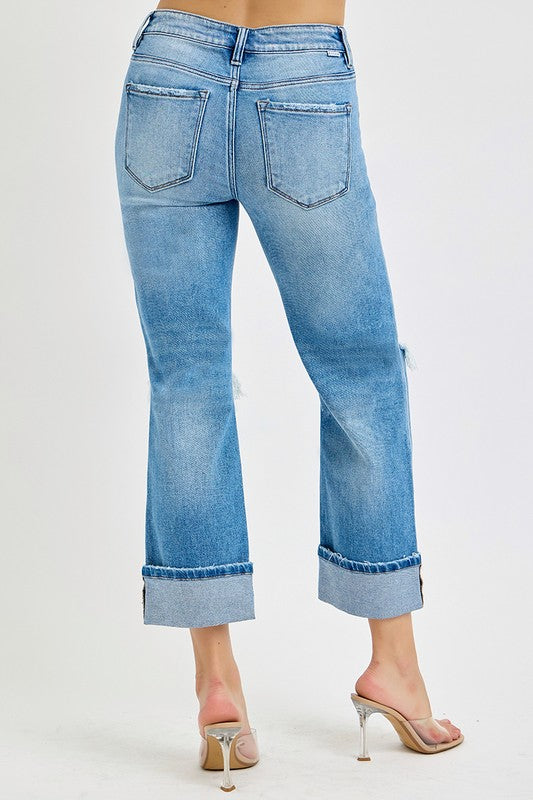 Mænds Straight Cuffed Jeans Mid Rise Denim 4