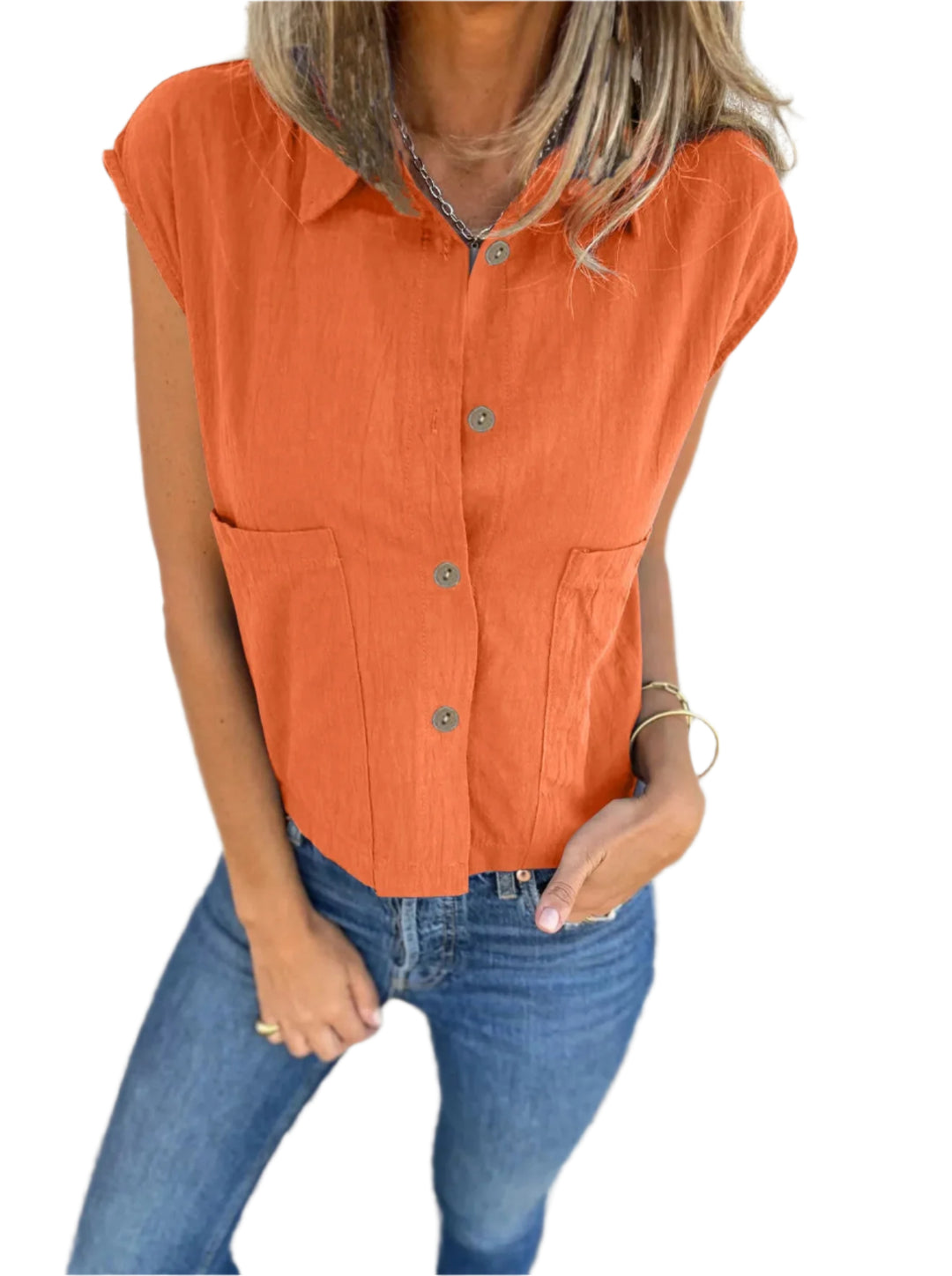 Skjortebluse Dame Button Down Linned Cap Sleeve Komfortabel Sommer Stil 0