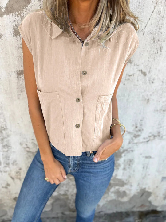 Skjortebluse Dame Button Down Linned Cap Sleeve Komfortabel Sommer Stil 10
