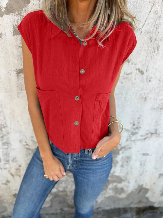 Skjortebluse Dame Button Down Linned Cap Sleeve Komfortabel Sommer Stil 3