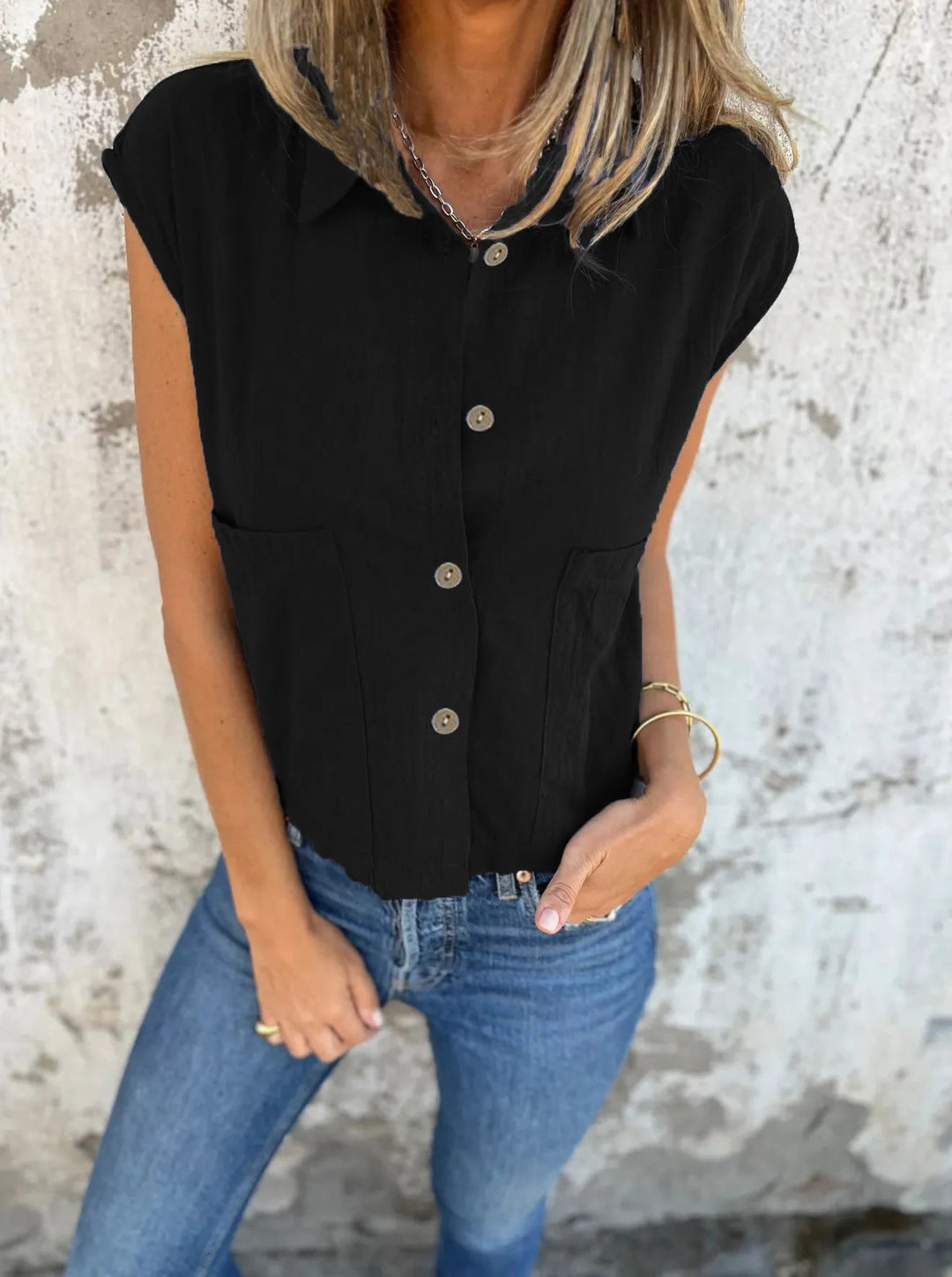 Skjortebluse Dame Button Down Linned Cap Sleeve Komfortabel Sommer Stil 6