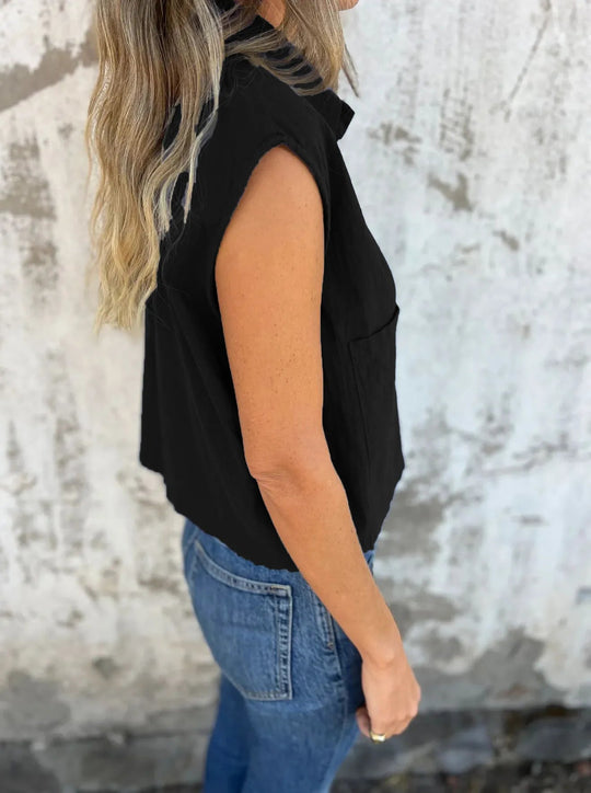 Skjortebluse Dame Button Down Linned Cap Sleeve Komfortabel Sommer Stil 8