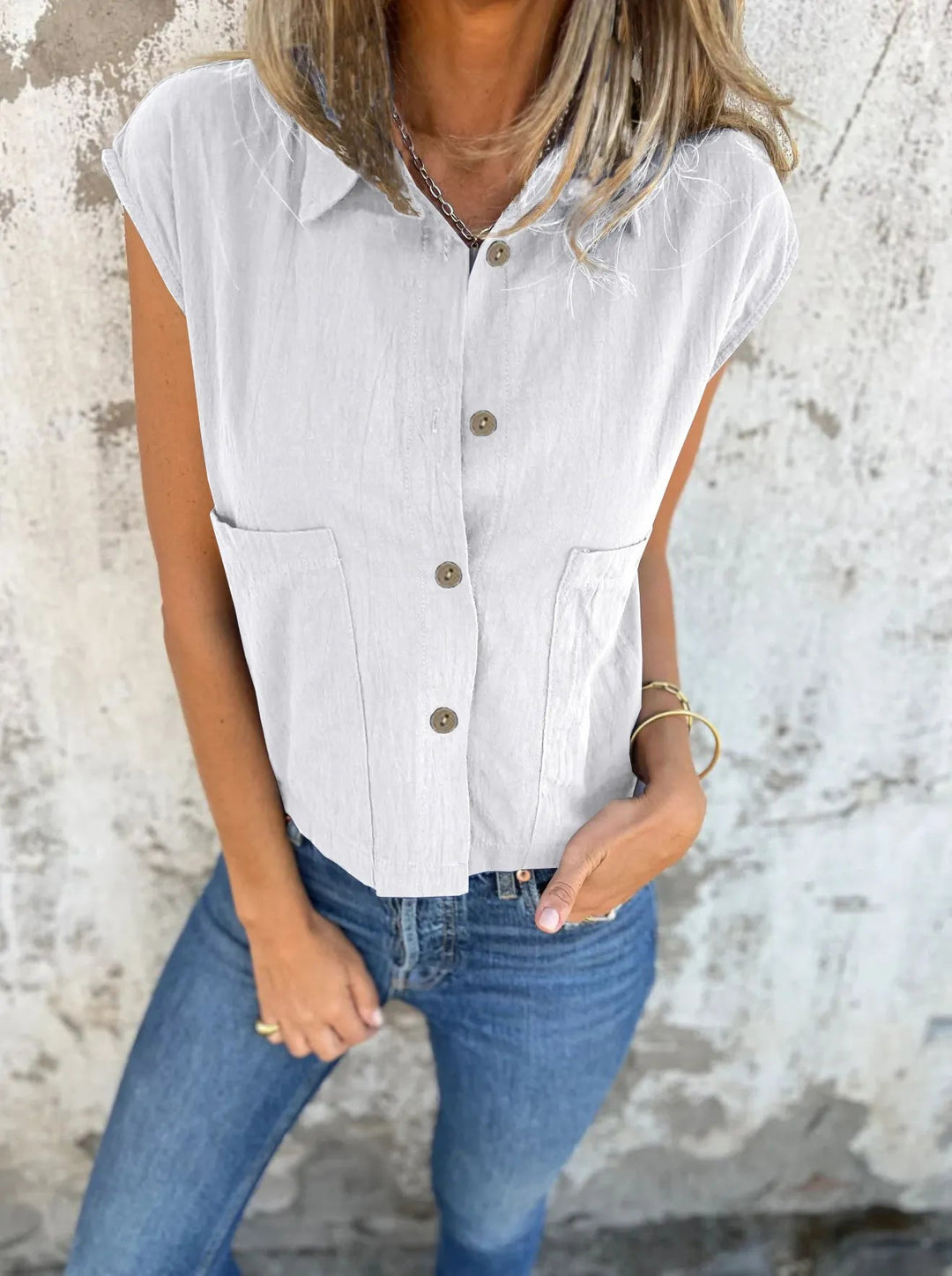 Skjortebluse Dame Button Down Linned Cap Sleeve Komfortabel Sommer Stil 9