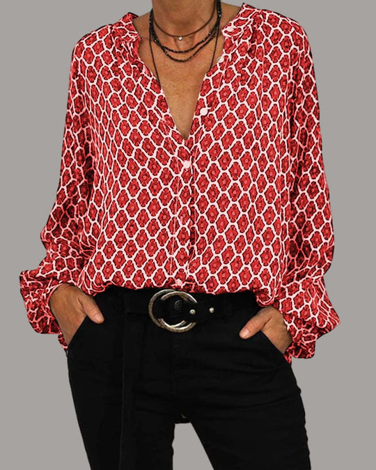 Skjortebluse Dame Langærmet V-Hals Geometrisk Design i Bomuldsblanding 3
