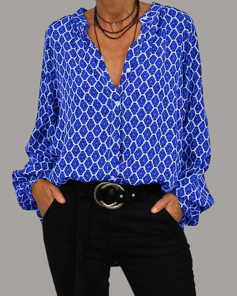 Skjortebluse Dame Langærmet V-Hals Geometrisk Design i Bomuldsblanding 4