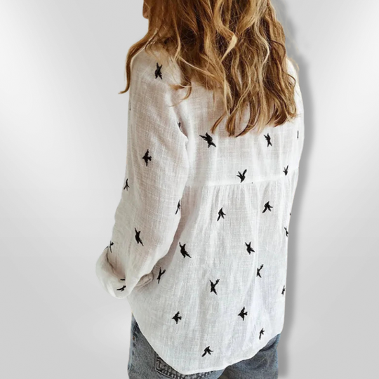 Skjortebluse Dame Med Fugleprint Af Blødt Coton - Afslappet Pasform 3