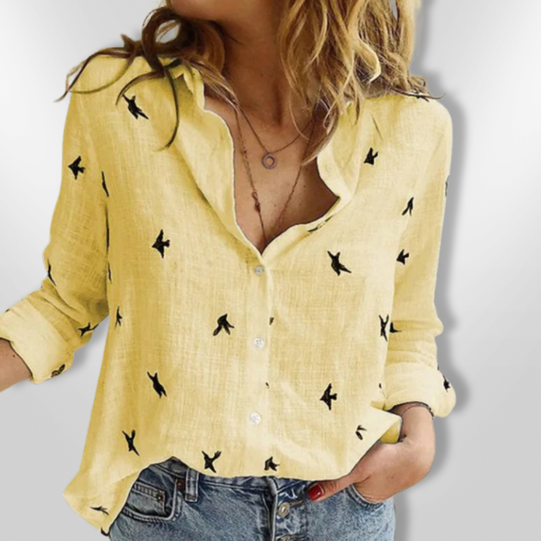 Skjortebluse Dame Med Fugleprint Af Blødt Coton - Afslappet Pasform 4