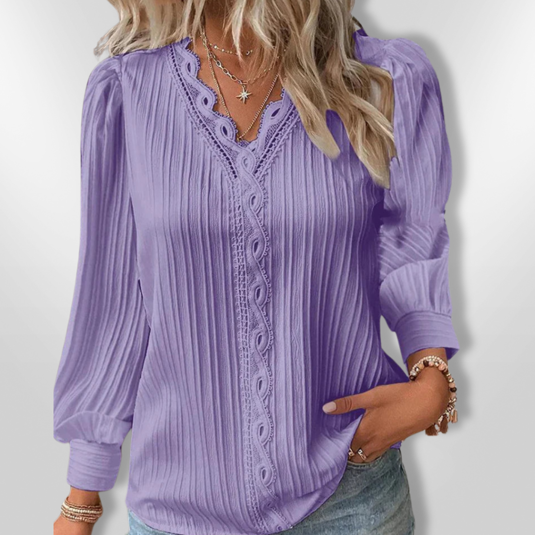 Skjortebluse Dame Plisseret Design Mousseline med Blonde Detaljer 2