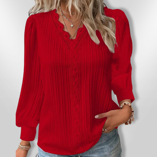 Skjortebluse Dame Plisseret Design Mousseline med Blonde Detaljer 4