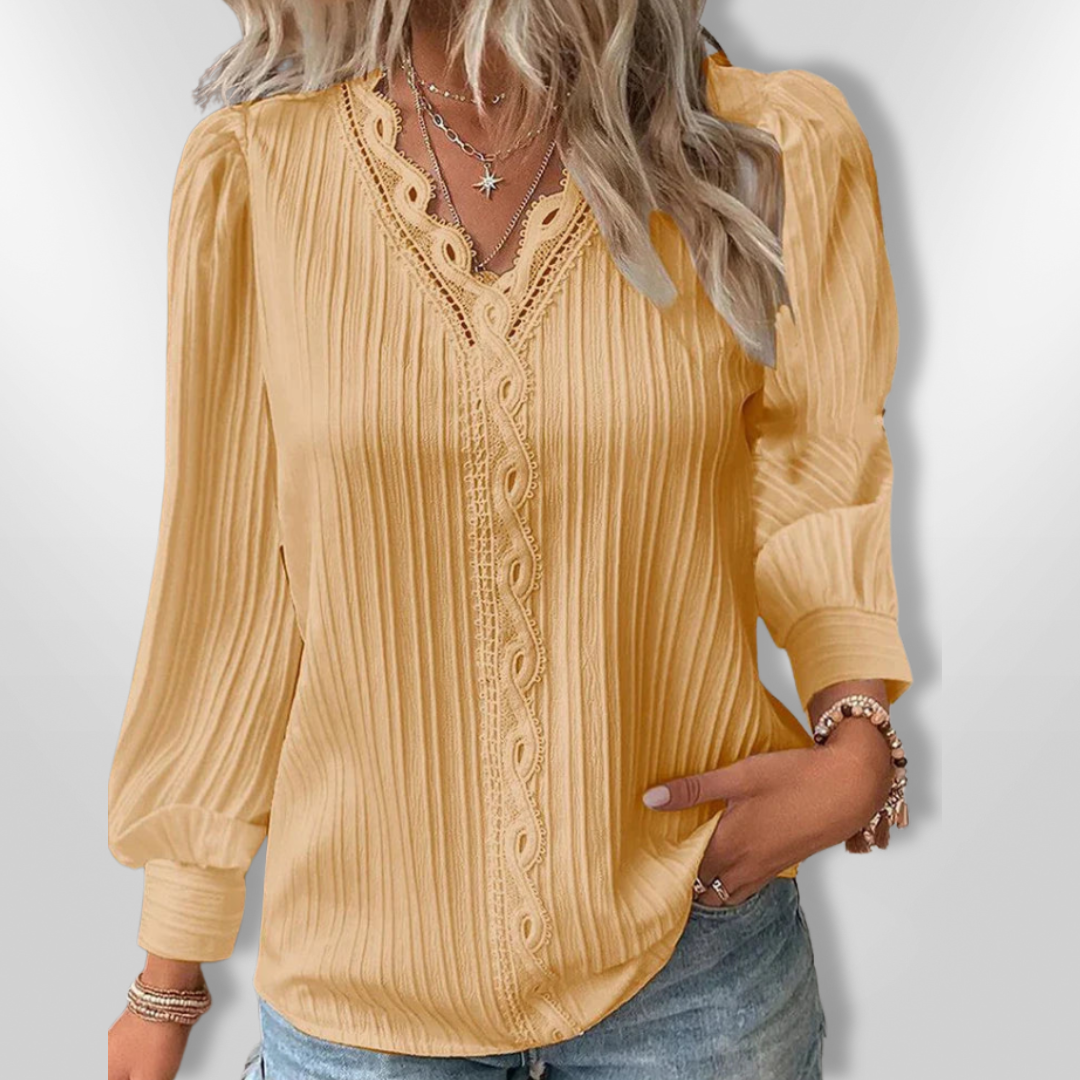 Skjortebluse Dame Plisseret Design Mousseline med Blonde Detaljer 6