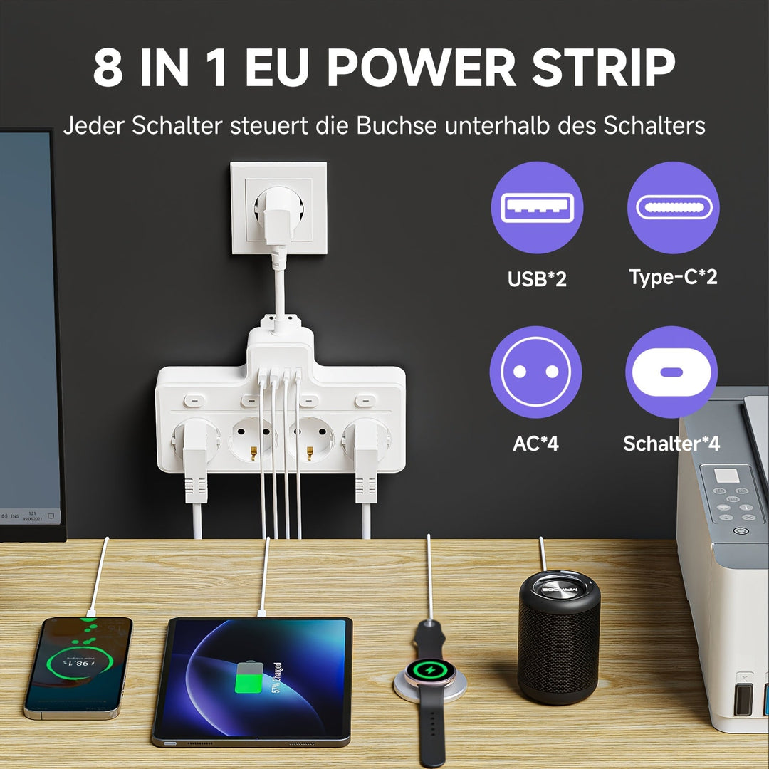 Strømskinne 7-i-1 Med 4 AC-udtag Og 2 USB-porte - Kompakt Design Til Hjemmet Og Kontoret 1