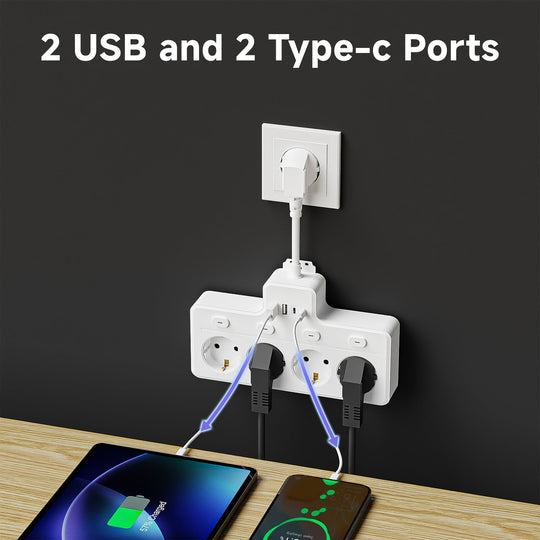 Strømskinne 7-i-1 Med 4 AC-udtag Og 2 USB-porte - Kompakt Design Til Hjemmet Og Kontoret 6