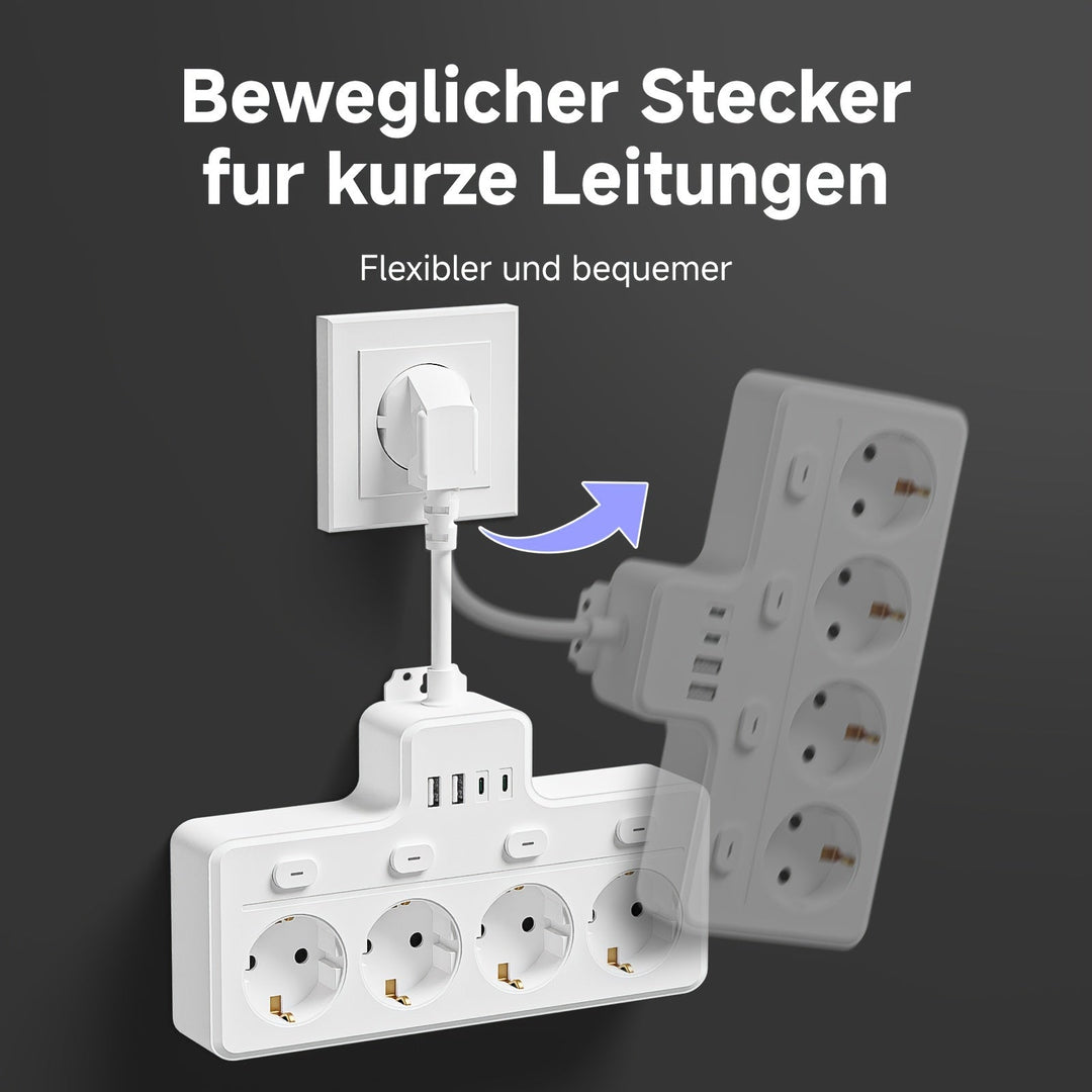 Strømskinne 7-i-1 Med 4 AC-udtag Og 2 USB-porte - Kompakt Design Til Hjemmet Og Kontoret 7