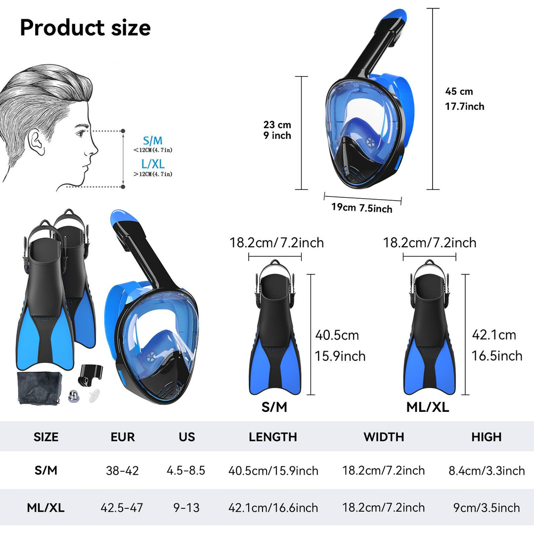 Unisex Snorkelsæt med Helmaske og Effektive Finner 2