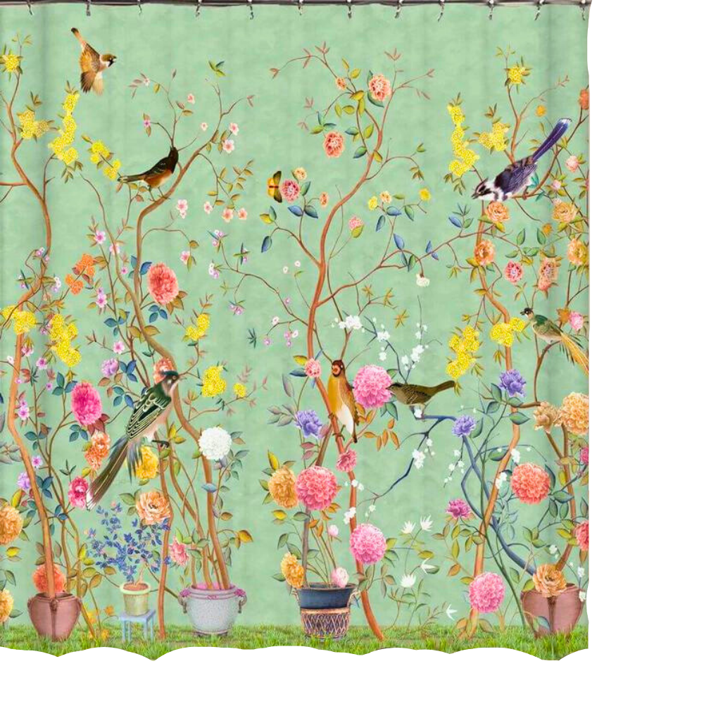 Vandtæt Bruseforhæng med Blomst og Fugleprint til Badeværelse 0
