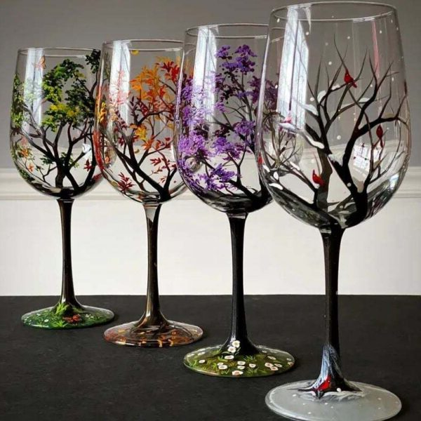 Vinglas med Håndmalet Design - Four Seasons Tree 1