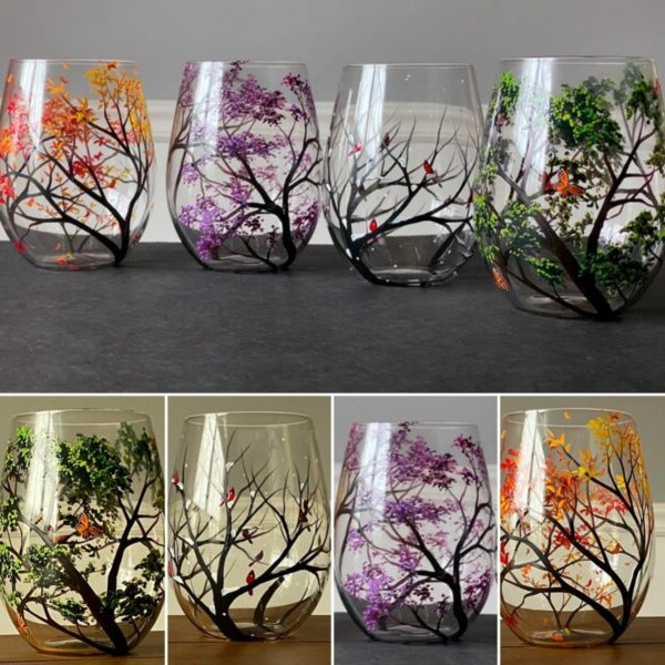 Vinglas med Håndmalet Design - Four Seasons Tree 9