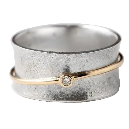 Vintage Sølv Ring med Gyldne Linjer 0