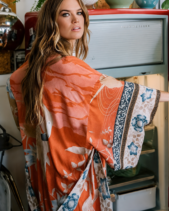 Damernes Lange Kimono Blomsterprint Blød Stof
