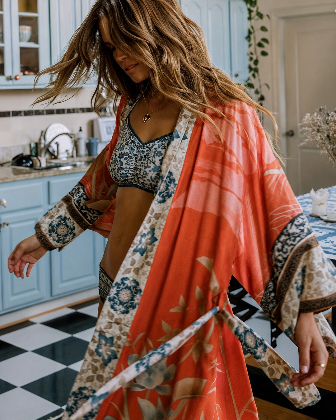 Damernes Lange Kimono Blomsterprint Blød Stof