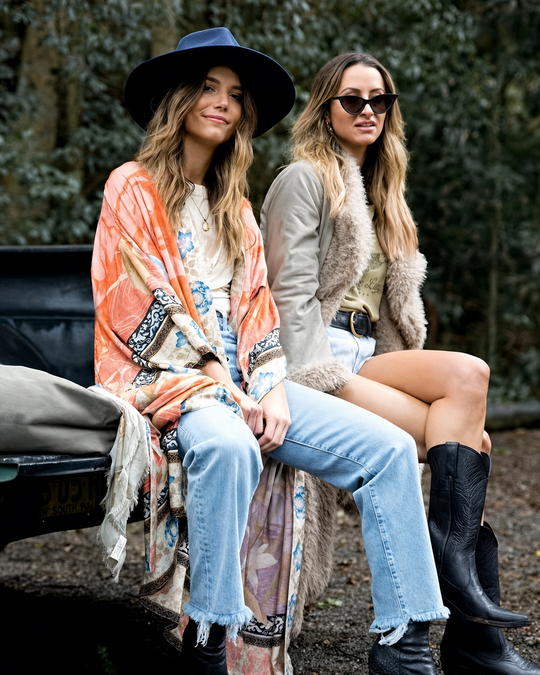 Damernes Lange Kimono Blomsterprint Blød Stof