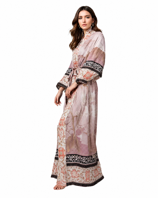 Damernes Lange Kimono Blomsterprint Blød Stof