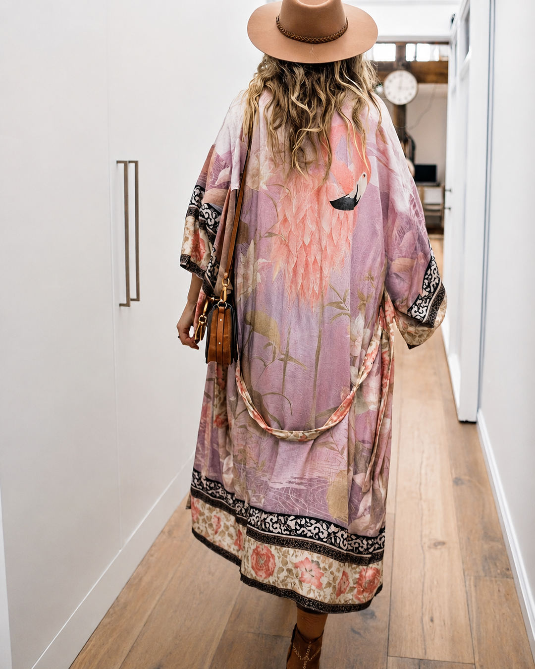 Damernes Lange Kimono Blomsterprint Blød Stof
