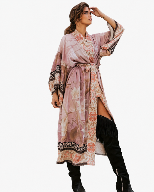 Damernes Lange Kimono Blomsterprint Blød Stof