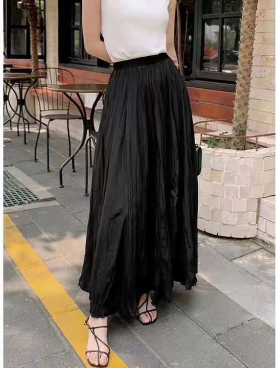 Kvinders satin plisseret Maxi-nederdel