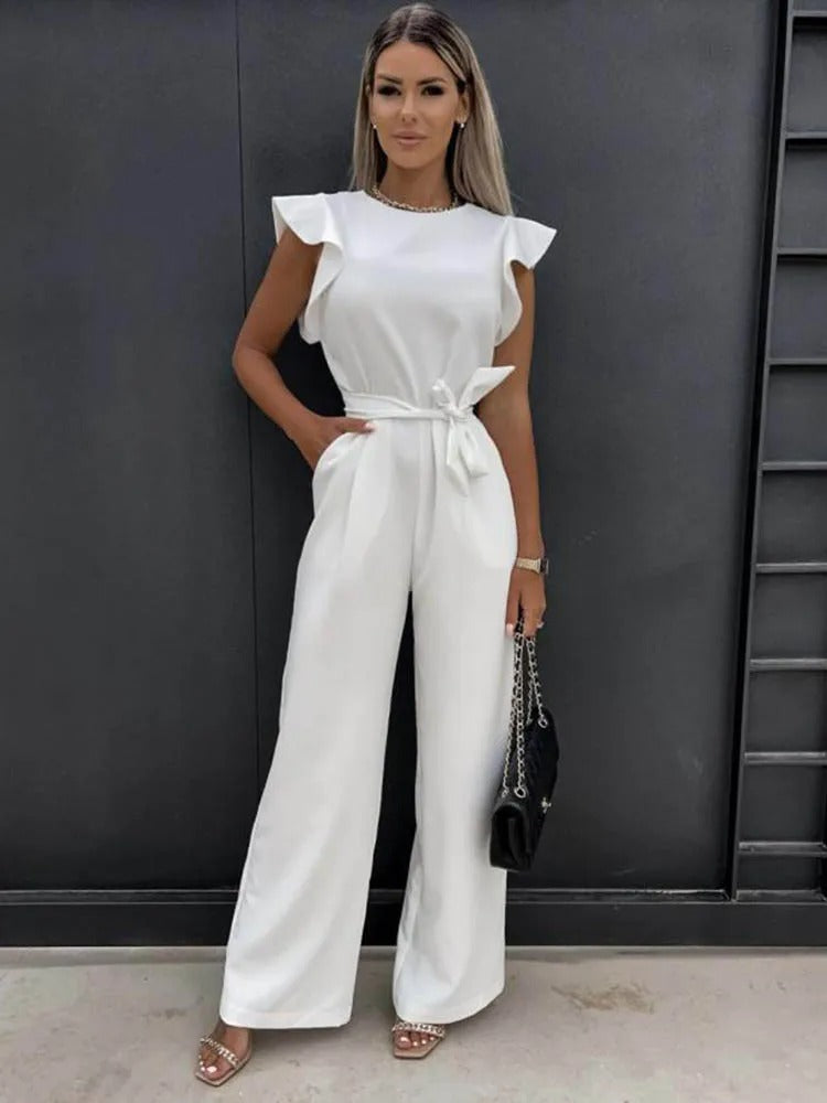 Flæseærmer binde-talje Jumpsuit med brede ben