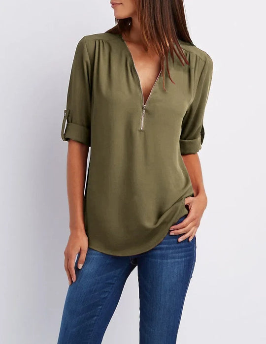 Chiffonbluse med dyb V-hals til kvinder