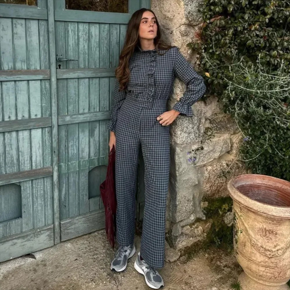 Kvinders bobleærmer plaid jumpsuit